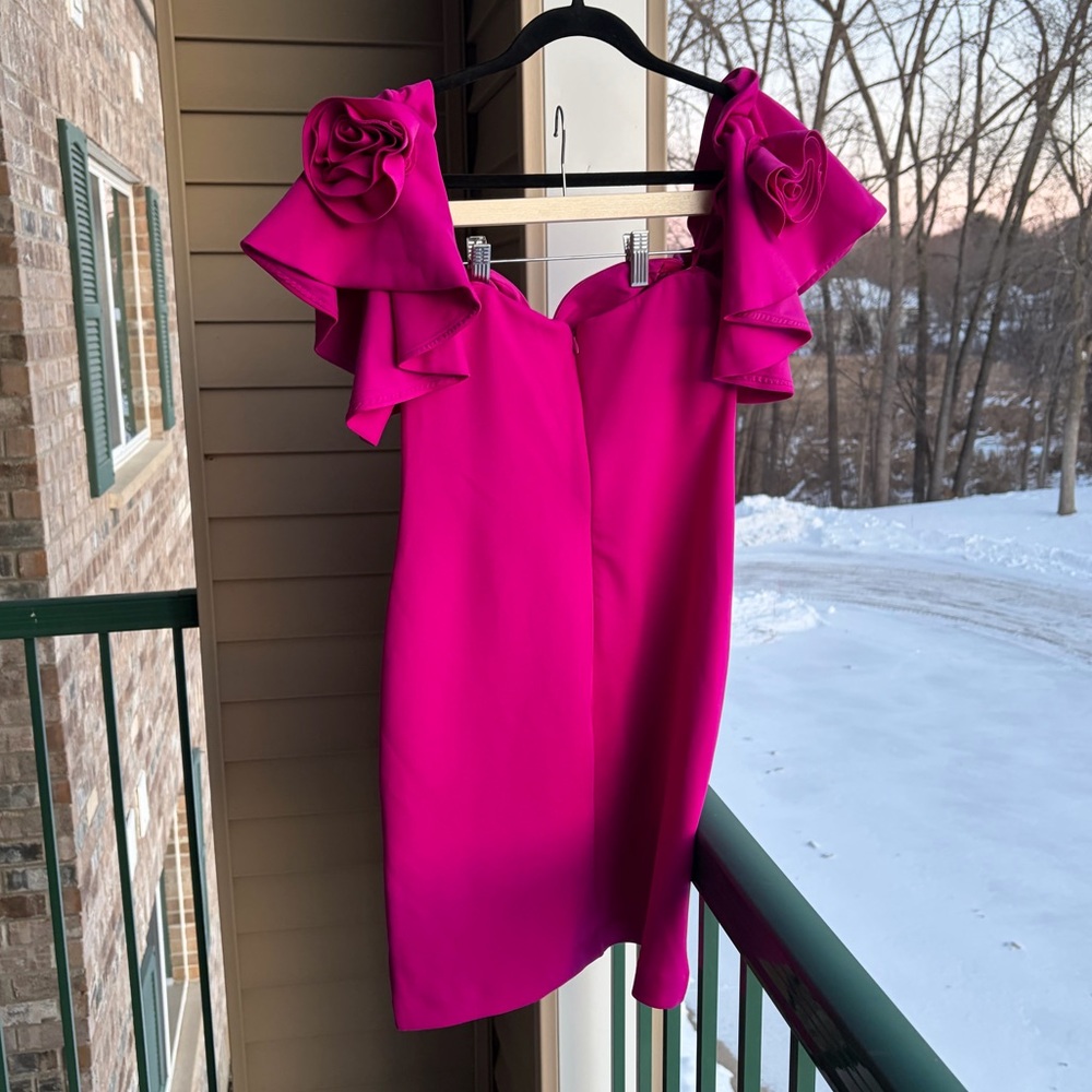 🆕 🌸 Jewel Badgley Mischka Magenta Rosette Mini Dress Size 10 Scuba Party Chic - Picture 5 of 17